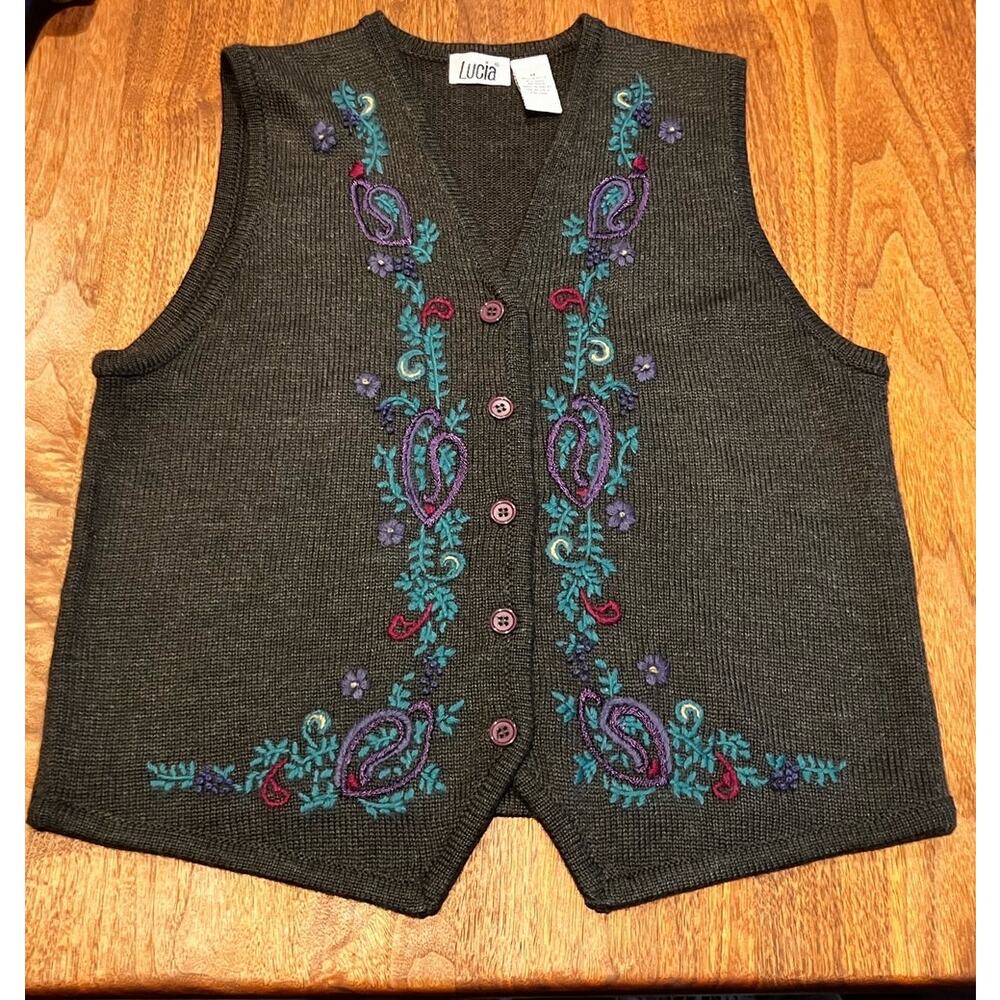 VTG LUCIA‎ Embroidered Gray Vest, Floral Blue Purple, Button, V-neck, Wool Blend